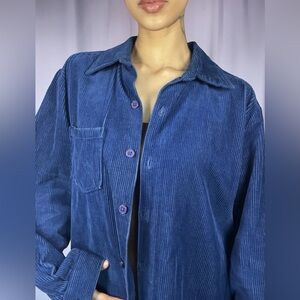 National Cobalt Blue Button Up Corduroy Long Sleeve Shirt Mens Size L Streetwear